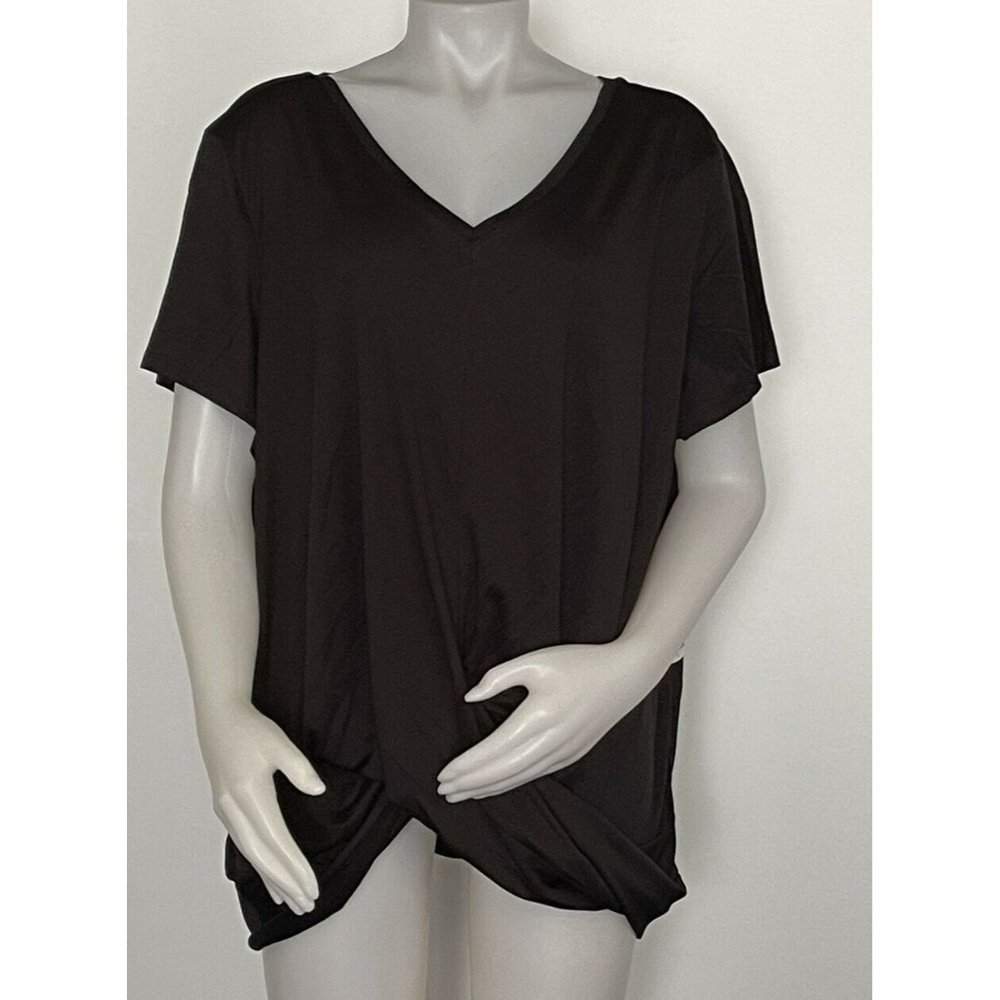Women’s Sport Tops 3X Daisy Fuentes fit V Neck Short Sleeve Black front knot